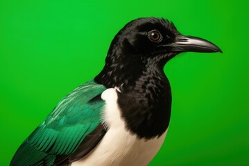 Magpie. Close-up of magpie intricate black and white plumage against vibrant green background. Detailed shot of stunning bird. Ornithology. Scientific articles, magazines. Postcard, print, cover.