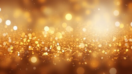 Obraz na płótnie Canvas Golden sparkles, glitters, bokeh, glowing particles. Elegant festive Christmas or New Year background. Copy space. Shiny golden lights. Advertising, packaging, gifts, banner, poster, cover, greeting.