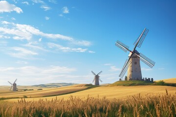 Fototapeta premium Traditional mill for grinding grain into flour. Picturesque countryside landscape with traditional windmills on rolling hill. Fields of wheat, clear blue sky, windmill sails in motion. Rural scenery..