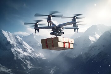 Drone. Quadcopter with cargo against backdrop of snow capped mountains. Quadcopter delivering essential supplies, humanitarian missions. Snow covered peaks. Humanitarian aid, mountainous terrain - Powered by Adobe