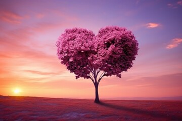 Pink Heart Shaped Tree on sunset. AI Generated