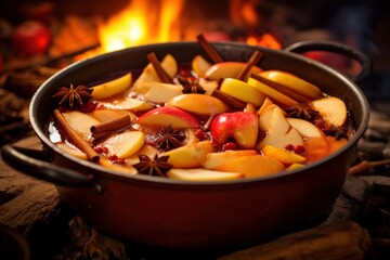 Preparing compote from fruit. Ripe apples, pears, cinnamon, star anise simmering in pot, creating fragrant fruit drink. Boiled fruit. Sweet jam. Homemade healthy drink with vitamins. Food blog