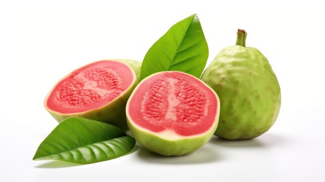 Guava fruits on white background. Whole and halves. Green peel, red flesh. Psidium guajava. Exotic tropical fruit. healthy vegan dessert. Macro. Organic eco. Food blog, shop, supermarket restaurant.