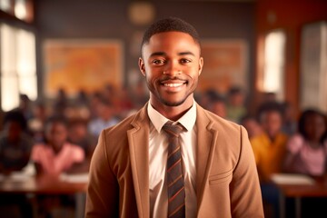 Fototapeta premium African american man teacher in classroom with arms crossed, looking at camera with learning students on background . cheerful education from elementary to university, education concept