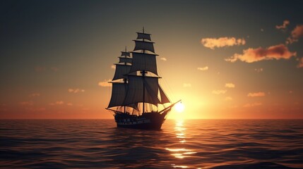 Fototapeta premium Beautiful ship sailing in colorful sunset Ai generated art