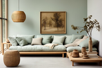 Light green sofa and wicker pendant lamp. Country, boho home interior design of modern living room.