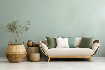 Rattan sofa against green wall with copy space. Boho home interior design of modern living room.
