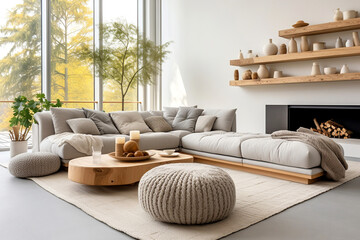 Knitted pouf and grey corner sofa against white wall with wooden shelves. Minimalist home interior design of modern living room with fireplace.