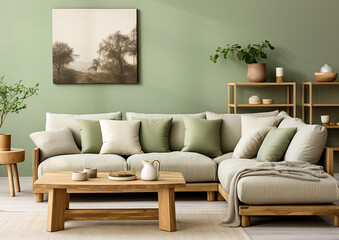 Wooden coffee table near light green sofa. Farmhouse style home interior design of modern living room.