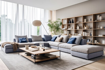 Modular sofa with blue pillows near shelving unit against window with curtain. Minimalist home interior design of modern living room.