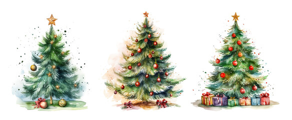Set of watercolor Christmas trees isolated on white background