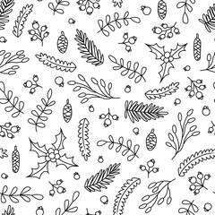 Naklejka premium Vector seamless pattern with branches and berries. Cute design for Christmas wrappings, textile, wallpaper and backgrounds.