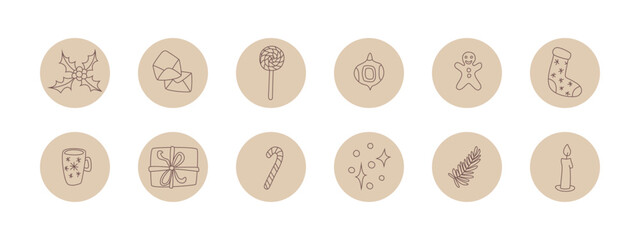 Vector set of highlights for social media. Christmas elements: holly, gift box, candies, sock, gingerbread man, bulb and sparkles.