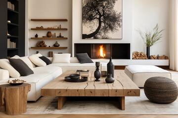 Rustic coffee table near sofa against fireplace. Japandi style home interior design of modern living room.