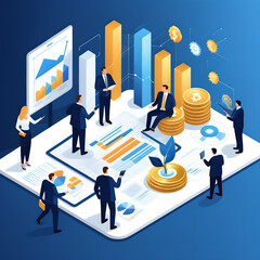 team collaboration, working on a businesscase/presentation, meeting/brainstorming - financial sector - flat design / vector