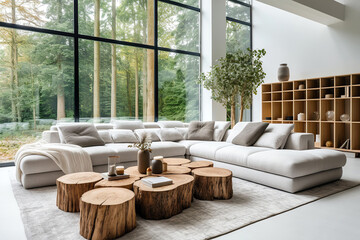 Wooden tree stump coffee tables near grey corner sofa against big panoramic window. Minimalist, loft home interior design of modern living room in villa in forest.