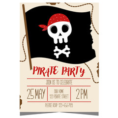 Pirate party invitation with a pirate flag with crossbones and skull to celebrate a boy’s birthday. Kids birthday poster or banner design with pirate elements on parchment with a navigation map.