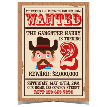 Western birthday party invitation for kids have fun as a cowboy or cowgirl to catch a wanted bandit. Boy gangster cartoon portrait in wild west and Texas style. Vector illustration.