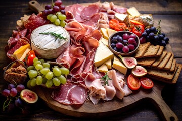 image of different foods on a wooden board - obrazy, fototapety, plakaty
