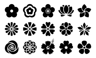 Flowers black icons collection. Stylized flowers isolated on white background. Best for seamless patterns, print, tattoo, web, logo creating and brand design.