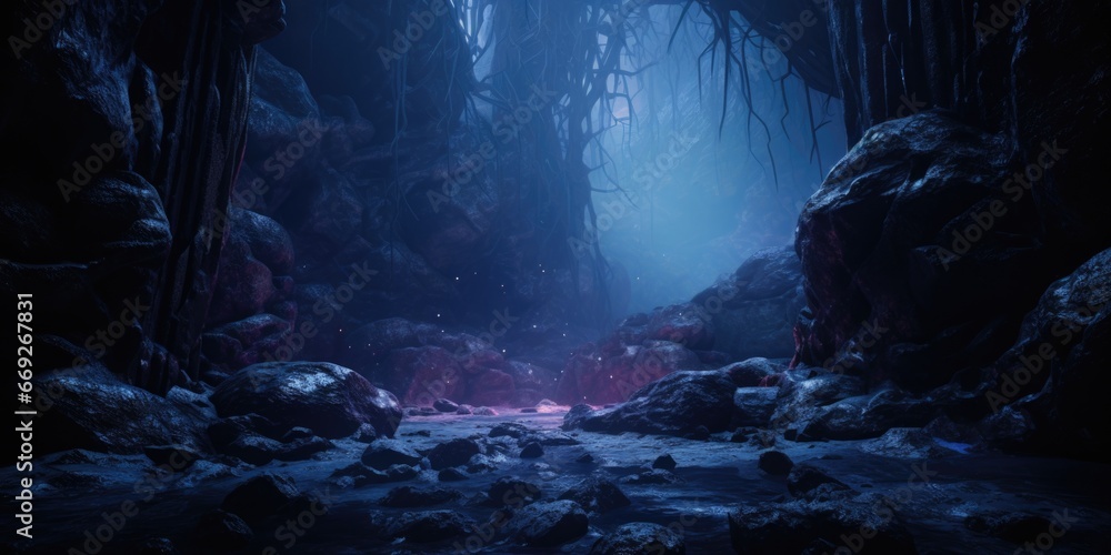 Poster A cave filled with lots of rocks and trees. This image can be used to depict a mysterious or adventurous setting.