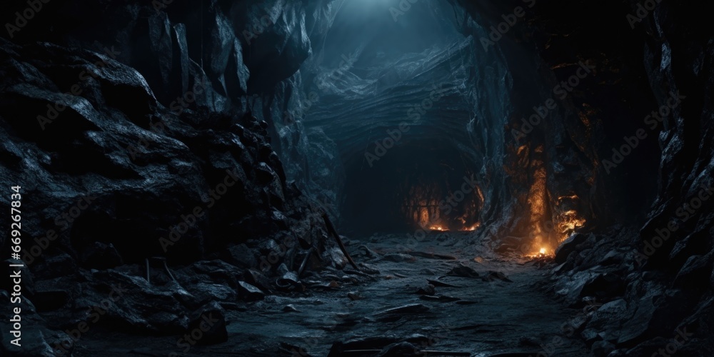 Poster a dark cave with a faint light shining at the end. this image can be used to symbolize hope, new beg
