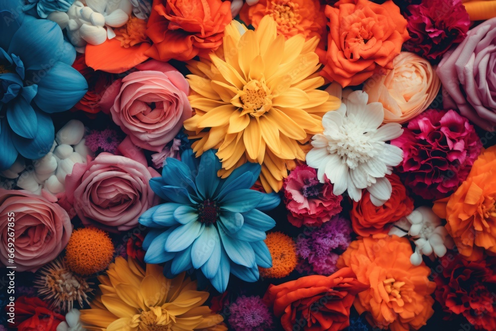 Poster a close-up view of a vibrant bunch of flowers. this image captures the beauty and details of the flo