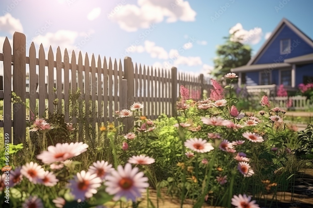 Poster A beautiful garden with a fence and vibrant flowers in the foreground. Perfect for adding a touch of nature to any project.