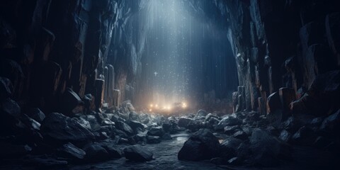 A picture of a dark cave filled with numerous rocks. This image can be used to depict exploration,...