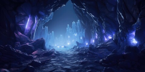 A cave filled with lots of rocks and water. This image can be used to depict natural formations, exploration, adventure, or even as a background for fantasy or mystery themes.