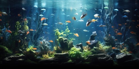 A vibrant fish tank filled with a variety of different types of fish. This image can be used to showcase the beauty and diversity of aquatic life in a fish tank or aquarium. - obrazy, fototapety, plakaty