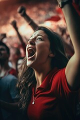 A woman in a red shirt captured in a moment of intense screaming. This image can be used to depict fear, frustration, anger, or intense emotion in various contexts.