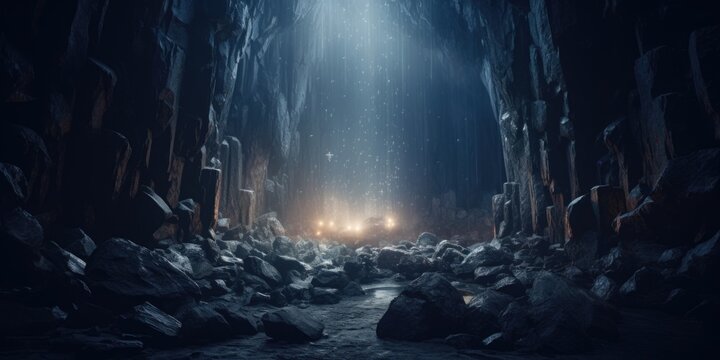 A picture of a dark cave filled with numerous rocks. This image can be used to depict exploration, adventure, mystery, or nature-themed concepts.