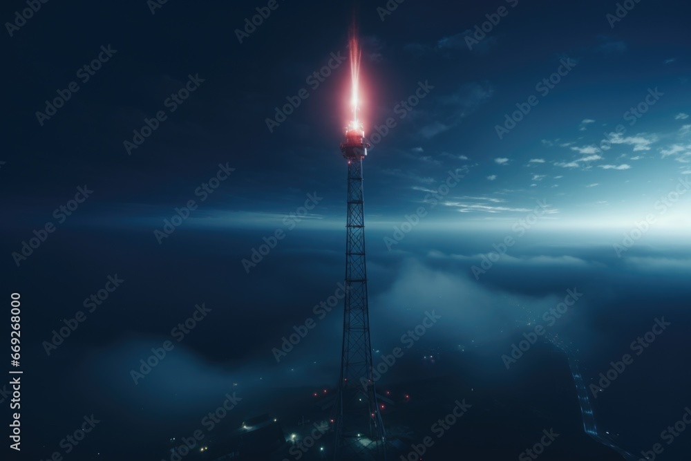 Poster A tall tower with a red light on top. Suitable for use in various contexts.