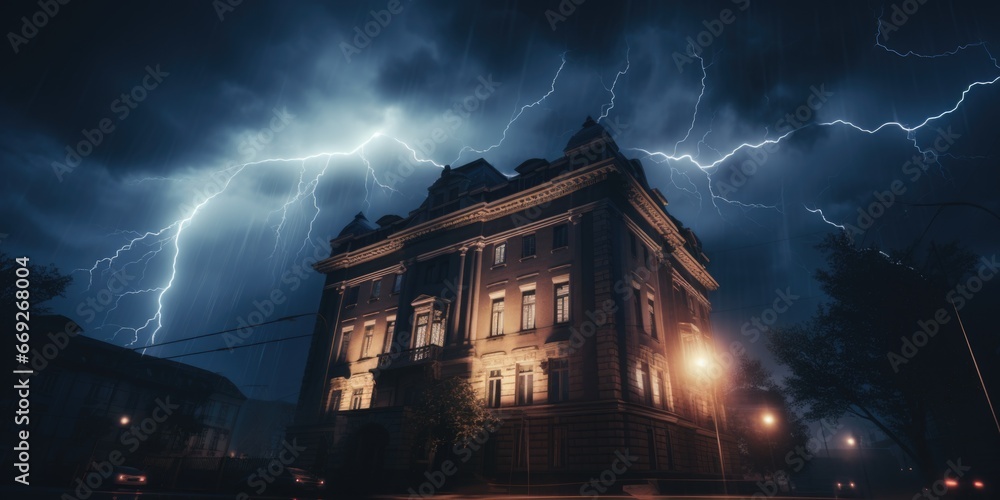 Poster A picture of a building with a dramatic lightning strike in the sky. This image can be used to depict a stormy weather or to convey a sense of danger and power.