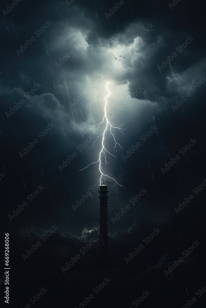 Poster a striking image of a tall tower with a powerful lightning bolt in the sky. perfect for illustrating