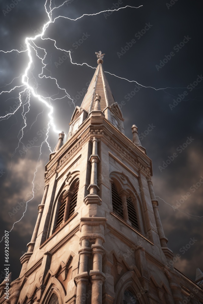 Poster A tall tower with a clock and a lightning bolt in the sky. This image can be used to depict a dramatic scene or to symbolize the concept of time and power.