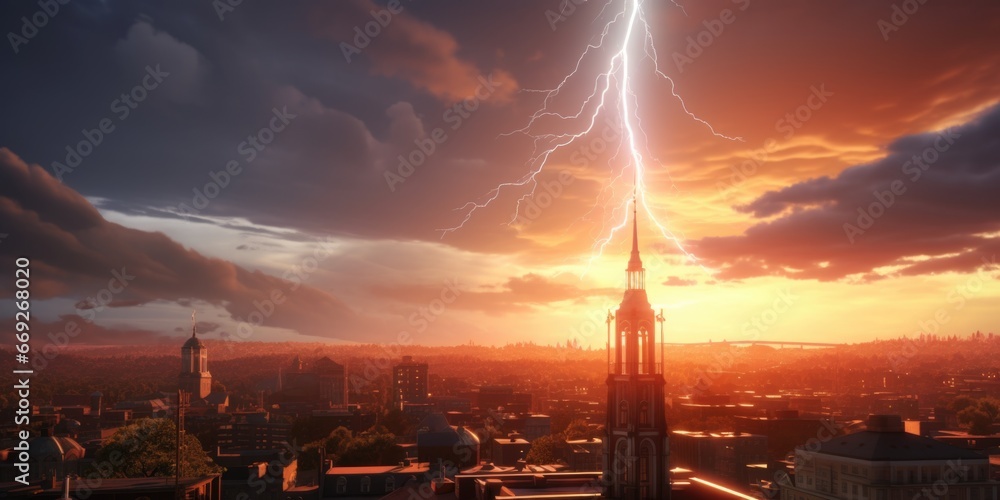 Poster A stunning image of a city with a towering clock and a dramatic lightning bolt in the sky. Perfect for adding a sense of mystery and excitement to any project.