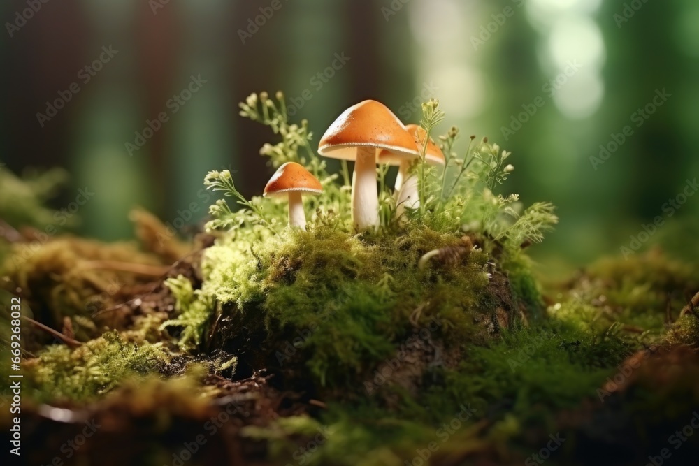 Poster a group of mushrooms sitting on top of a moss-covered forest. this image can be used to depict the b