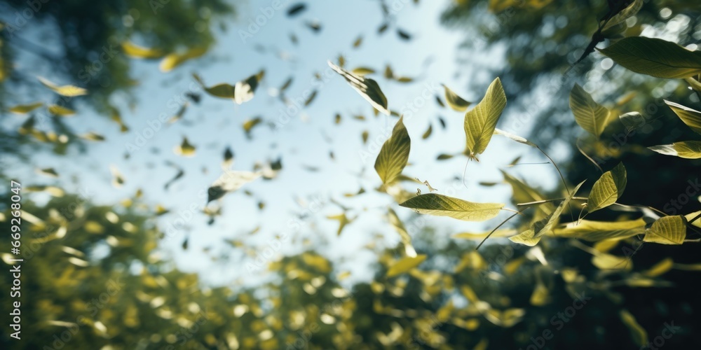 Poster A captivating image of a bunch of leaves gracefully floating through the air. This picture can be used to add a touch of nature and movement to various projects.