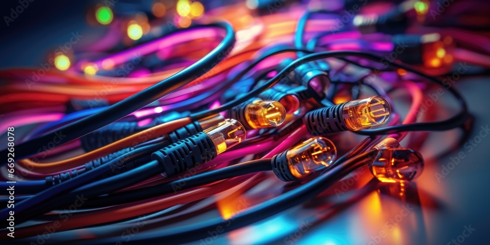 Poster a detailed close-up view of a bunch of wires. this image can be used to illustrate technology, conne