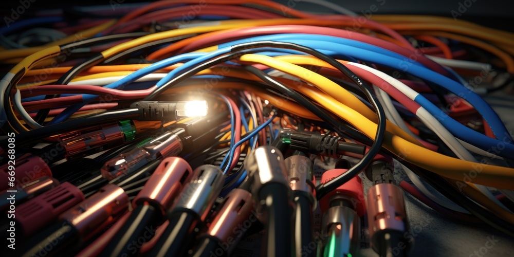 Poster a cluster of wires and cables connected to each other. this image can be used to illustrate technolo