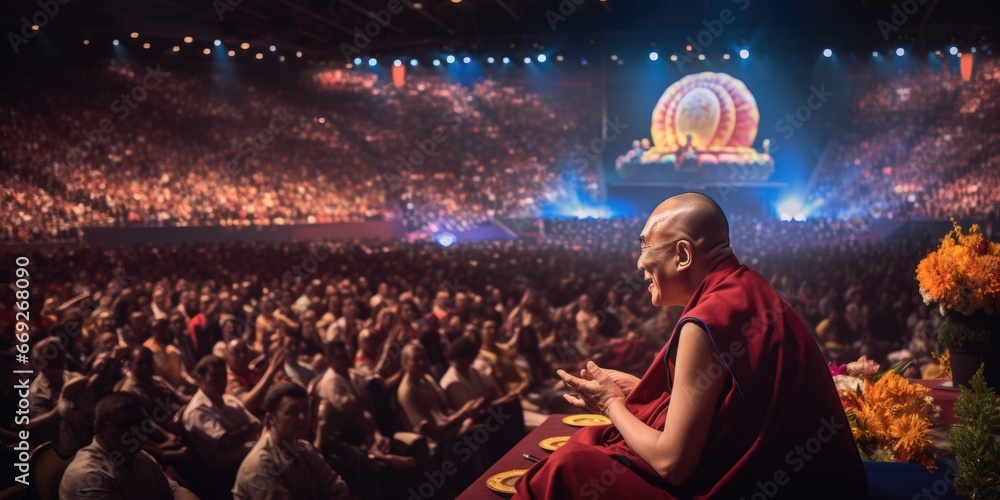 Aufkleber a man wearing a red robe is seated in front of a crowd. this image can be used to depict leadership,