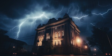 A picture of a building with a dramatic lightning strike in the sky. This image can be used to depict a stormy weather or to convey a sense of danger and power.