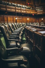 A row of leather chairs in a wooden room. Perfect for interior design inspiration or office waiting areas.