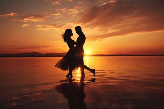 A beautiful image of a man and a woman standing in the water at sunset. Perfect for romantic and beach-themed projects.