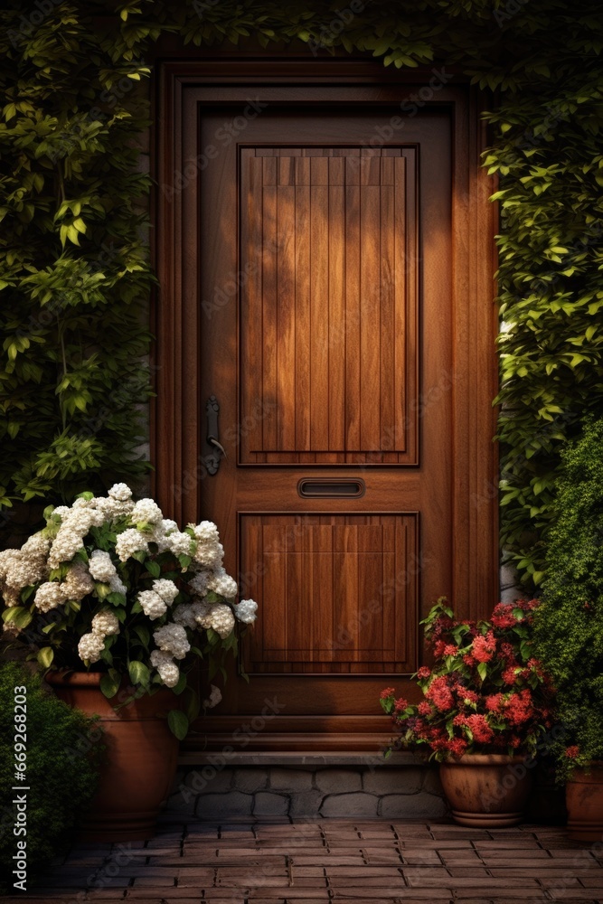 Poster a picture of a wooden door surrounded by various potted plants. this image can be used to depict a w