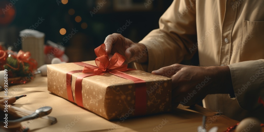 Poster a person is seen wrapping a gift on a table. this image can be used for various occasions and celebr