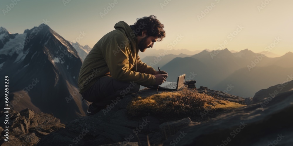 Poster a man sitting on top of a mountain using a laptop. perfect for illustrating remote work or digital n