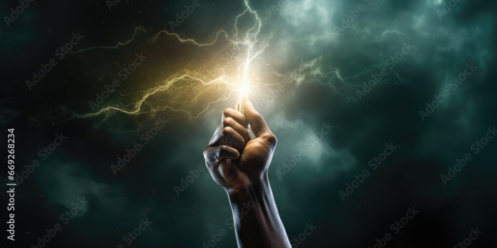 Poster a powerful image of a hand holding a lightning bolt in the sky. this striking picture captures the e